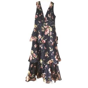 Lulu's Medium Molinetto Navy Blue Floral Organza Ruffled Tiered Maxi Dress Nwt